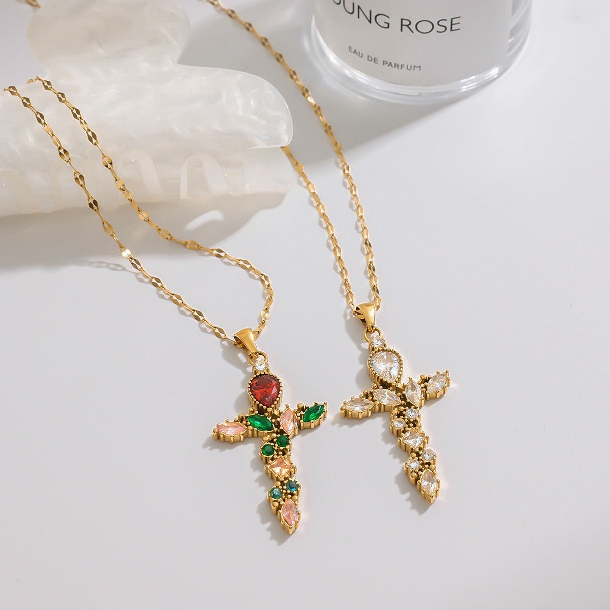 18K Gold Cross Inlaid Gemstone Design Exquisite Fashion Necklace - mavazie