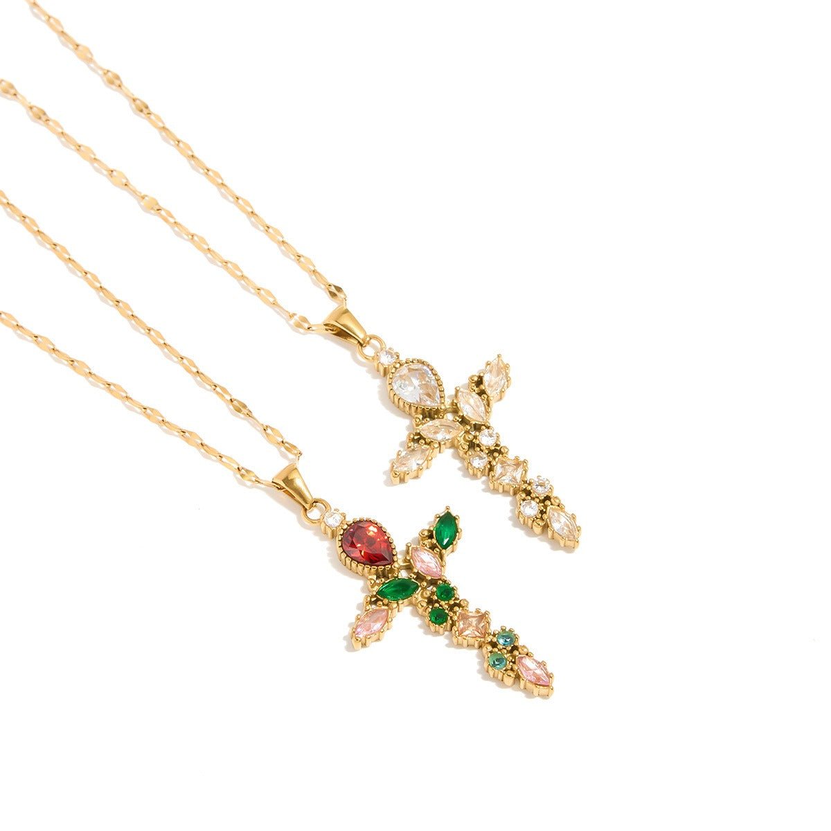 18K Gold Cross Inlaid Gemstone Design Exquisite Fashion Necklace - mavazie