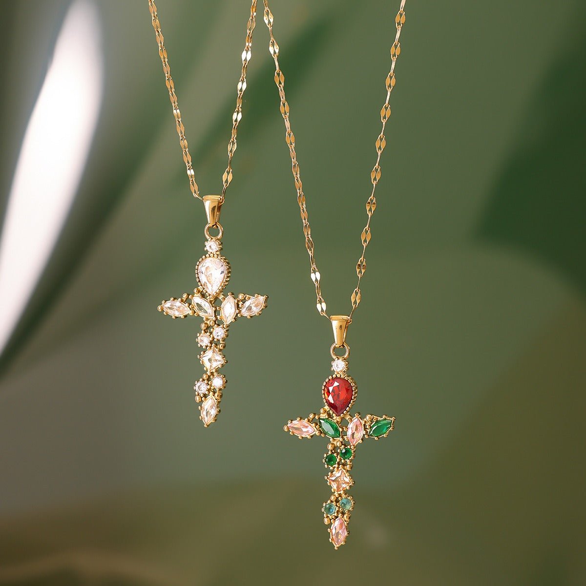 18K Gold Cross Inlaid Gemstone Design Exquisite Fashion Necklace - mavazie