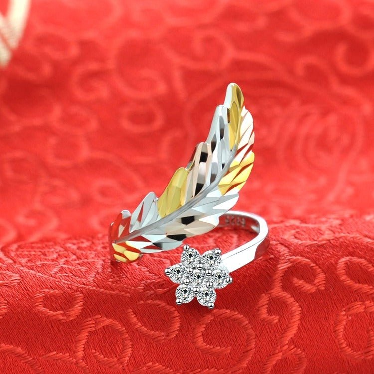 18K gold feather with flower - shaped gemstone design light luxury high - end ring - mavazie
