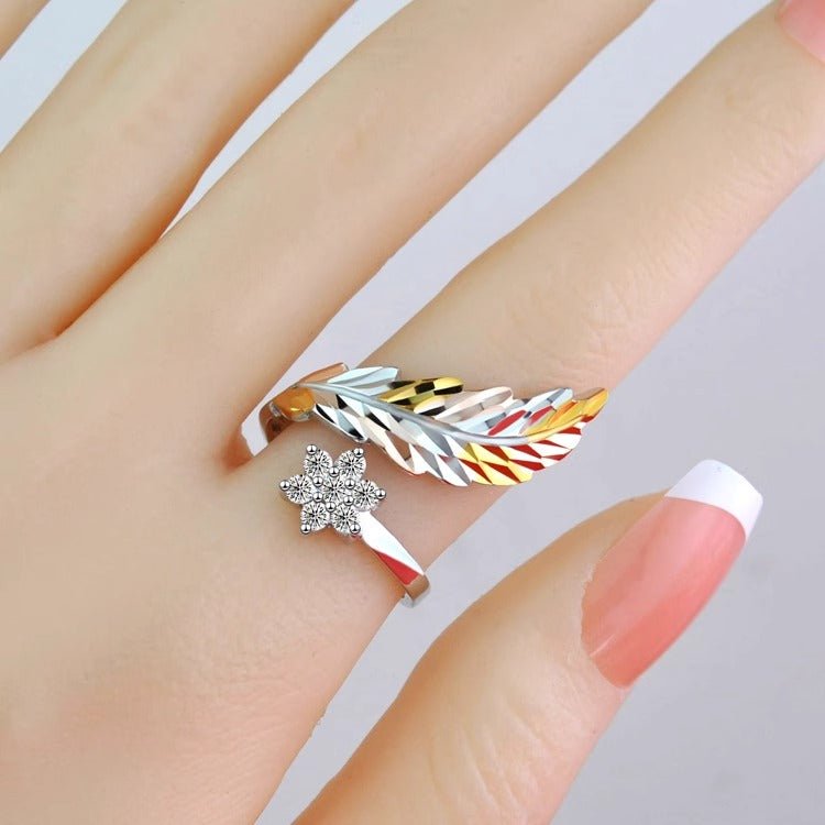 18K gold feather with flower - shaped gemstone design light luxury high - end ring - mavazie