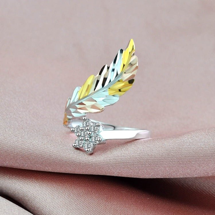 18K gold feather with flower - shaped gemstone design light luxury high - end ring - mavazie
