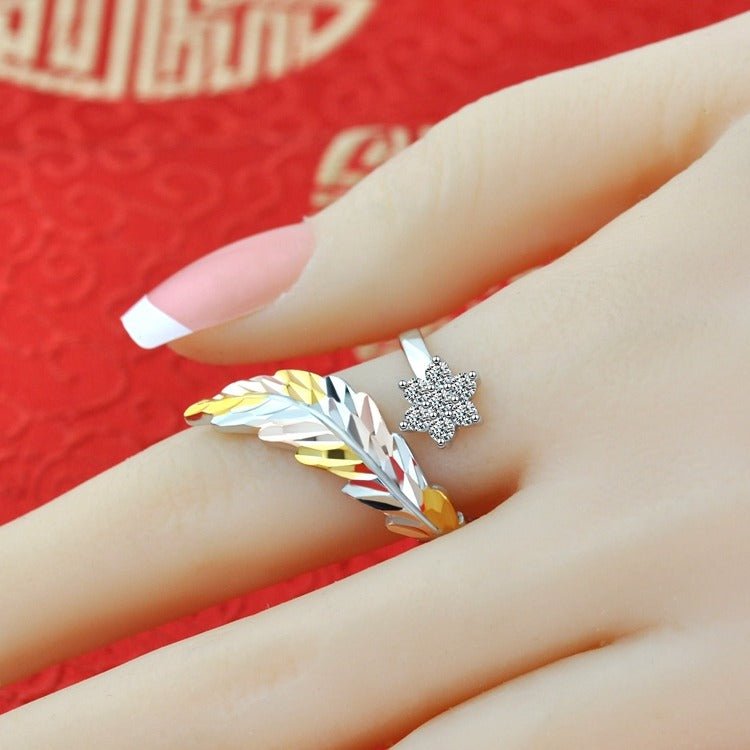 18K gold feather with flower - shaped gemstone design light luxury high - end ring - mavazie