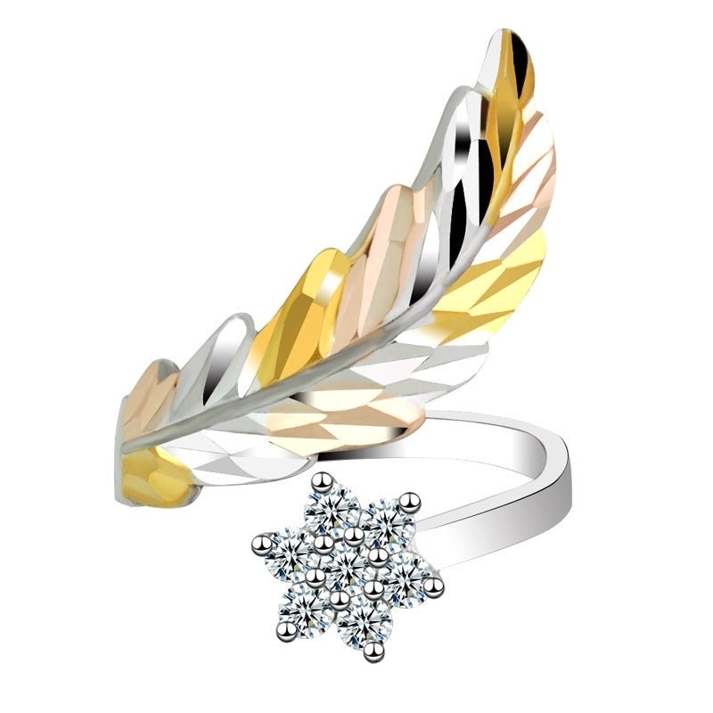 18K gold feather with flower - shaped gemstone design light luxury high - end ring - mavazie