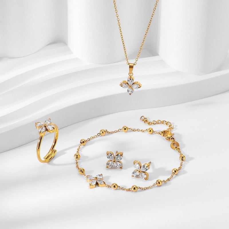 18K gold four - leaf flower inlaid with gemstones, exquisite and dazzling necklace, bracelet, earrings and ring set - mavazie