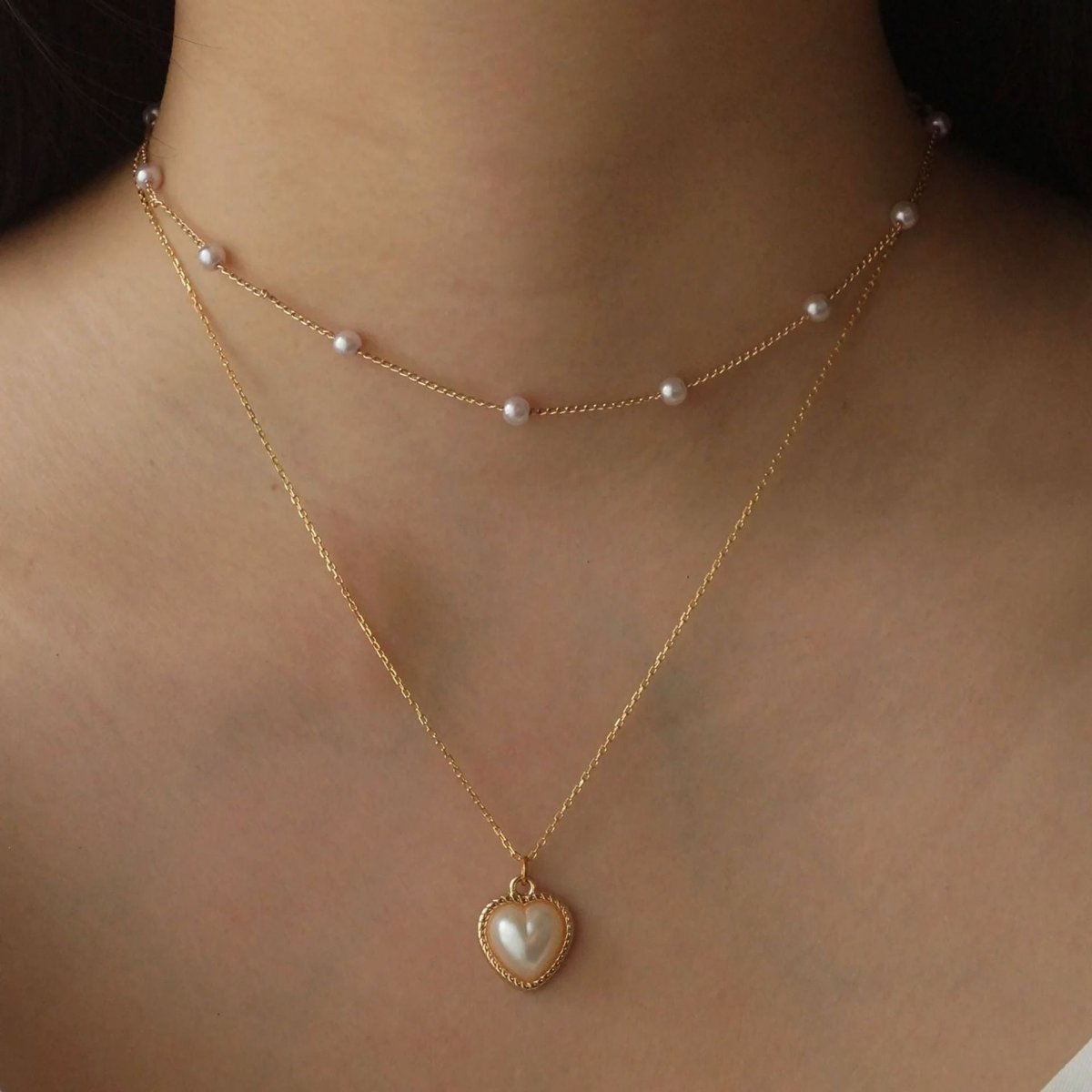 18K gold heart with texture inlaid pearl design exquisite and noble necklace - mavazie