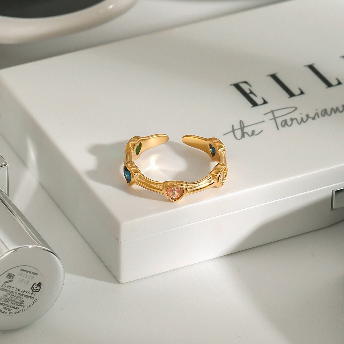 18K gold inlaid heart - shaped gemstone exquisite design open ring - mavazie