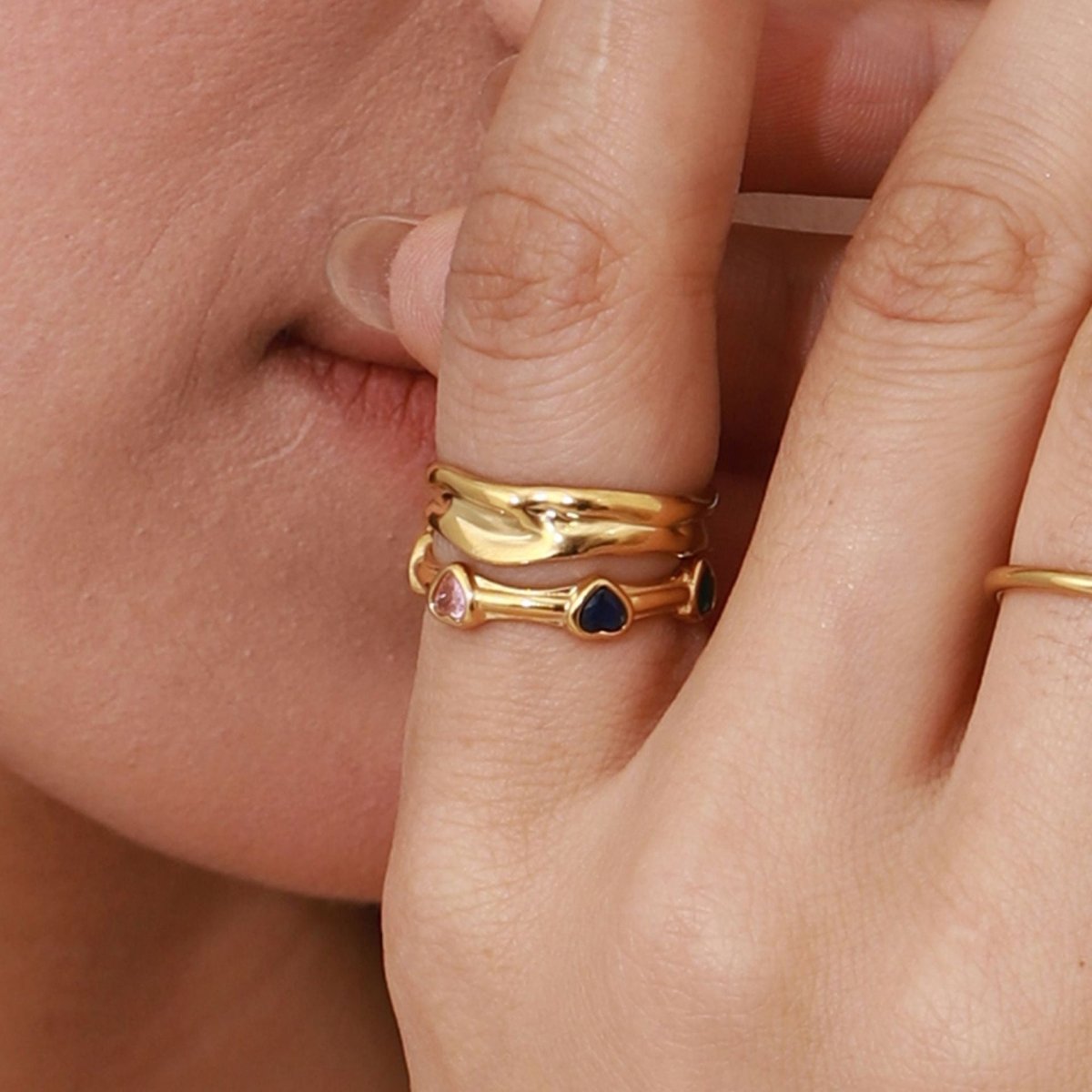 18K gold inlaid heart - shaped gemstone exquisite design open ring - mavazie