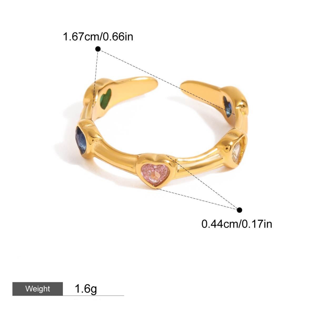 18K gold inlaid heart - shaped gemstone exquisite design open ring - mavazie