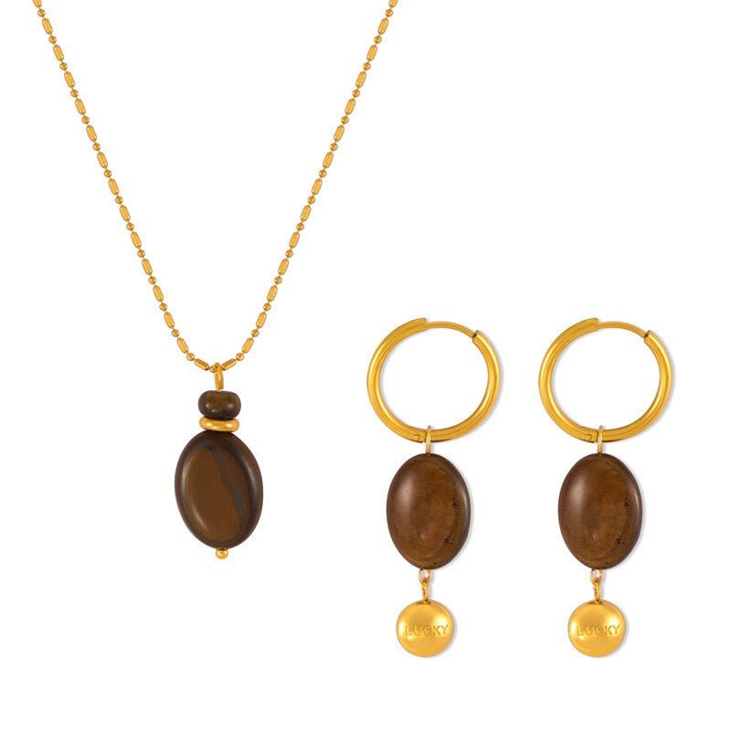 18K gold light luxury noble geometric oval gem design earrings necklace set - mavazie