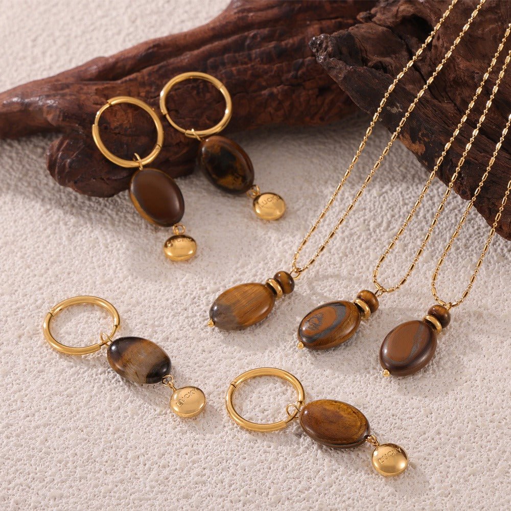 18K gold light luxury noble geometric oval gem design earrings necklace set - mavazie