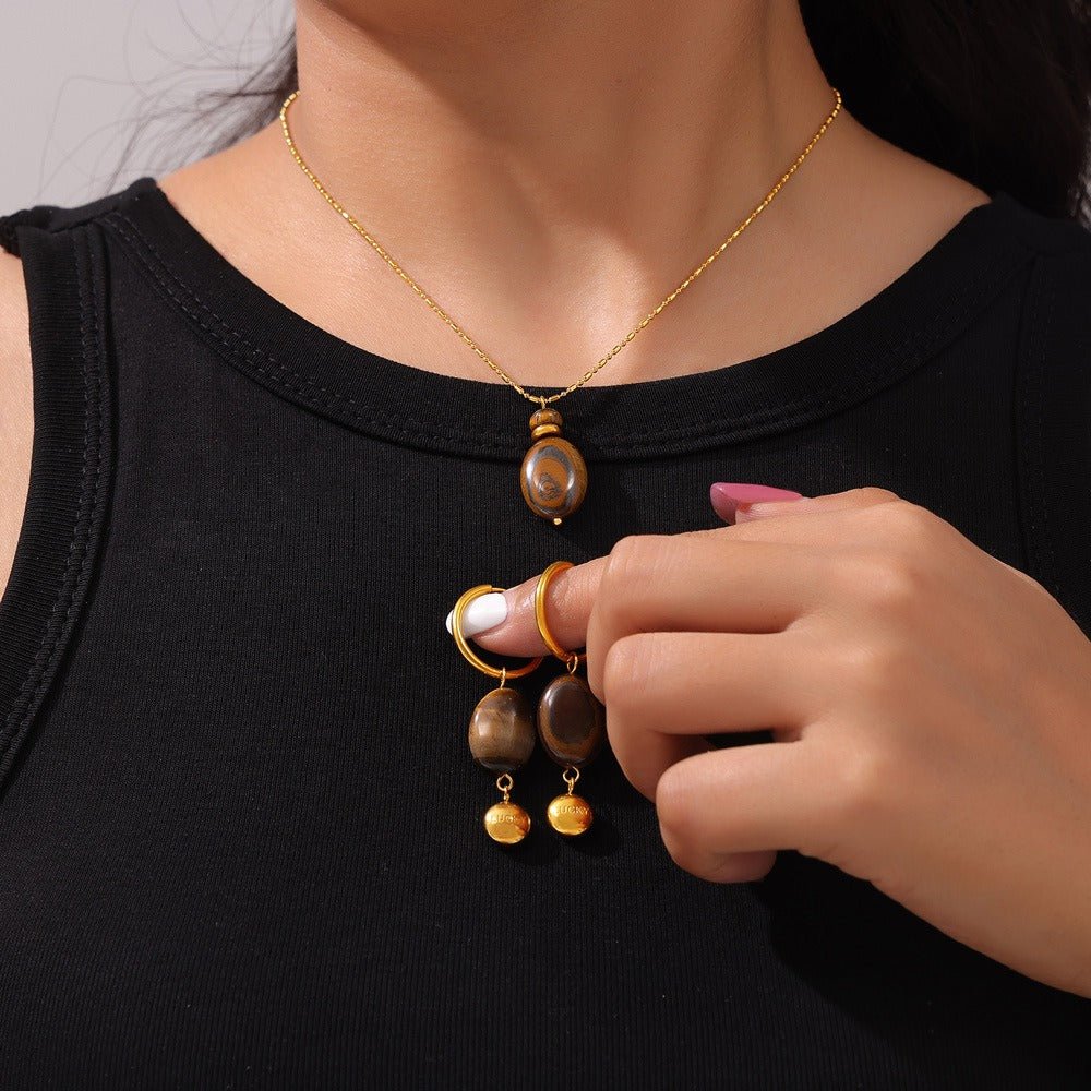 18K gold light luxury noble geometric oval gem design earrings necklace set - mavazie