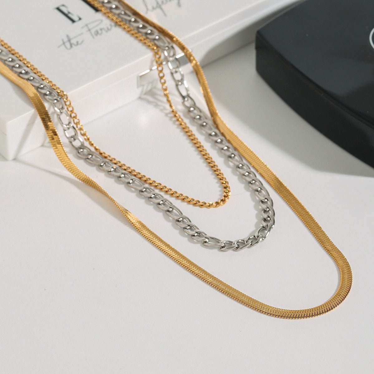 18K gold multi - layer chain with gold and silver color matching design simple personality necklace - mavazie