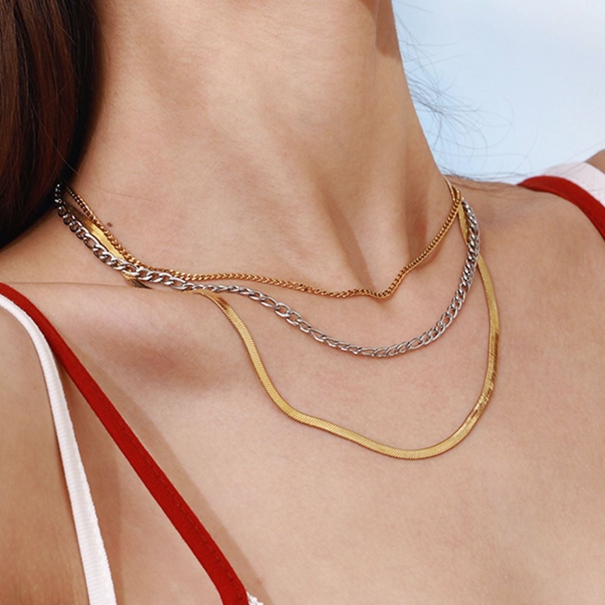 18K gold multi - layer chain with gold and silver color matching design simple personality necklace - mavazie