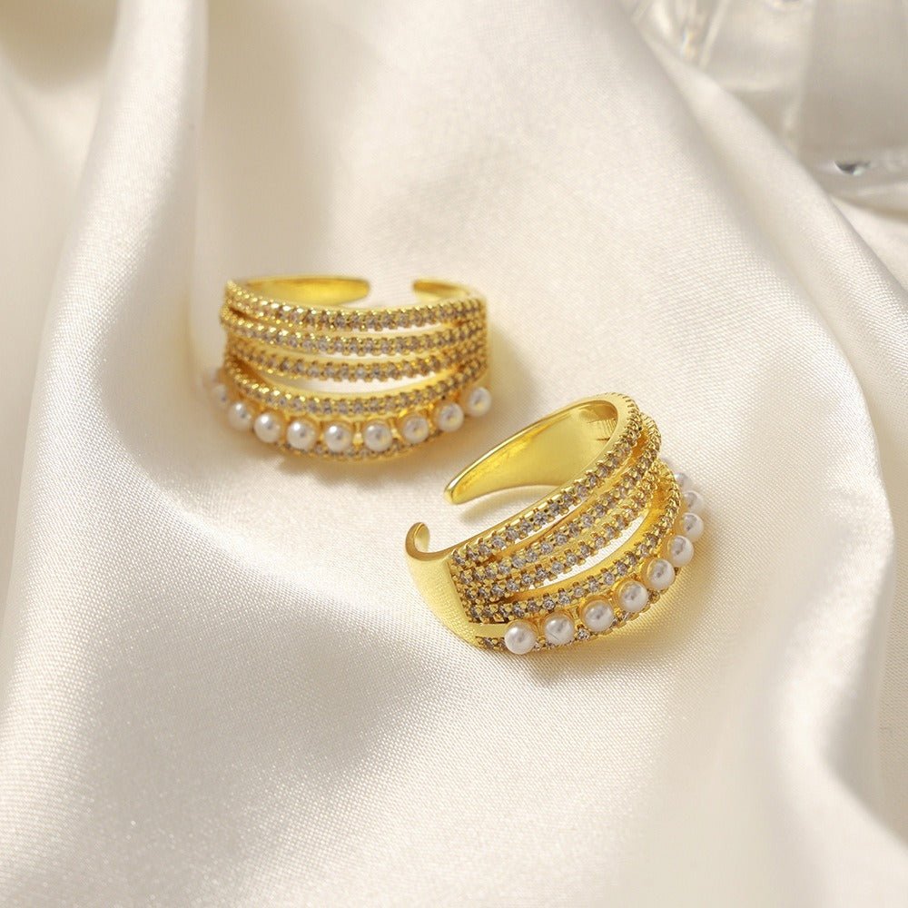 18K gold multi - layered zircon and pearl design open ring - mavazie