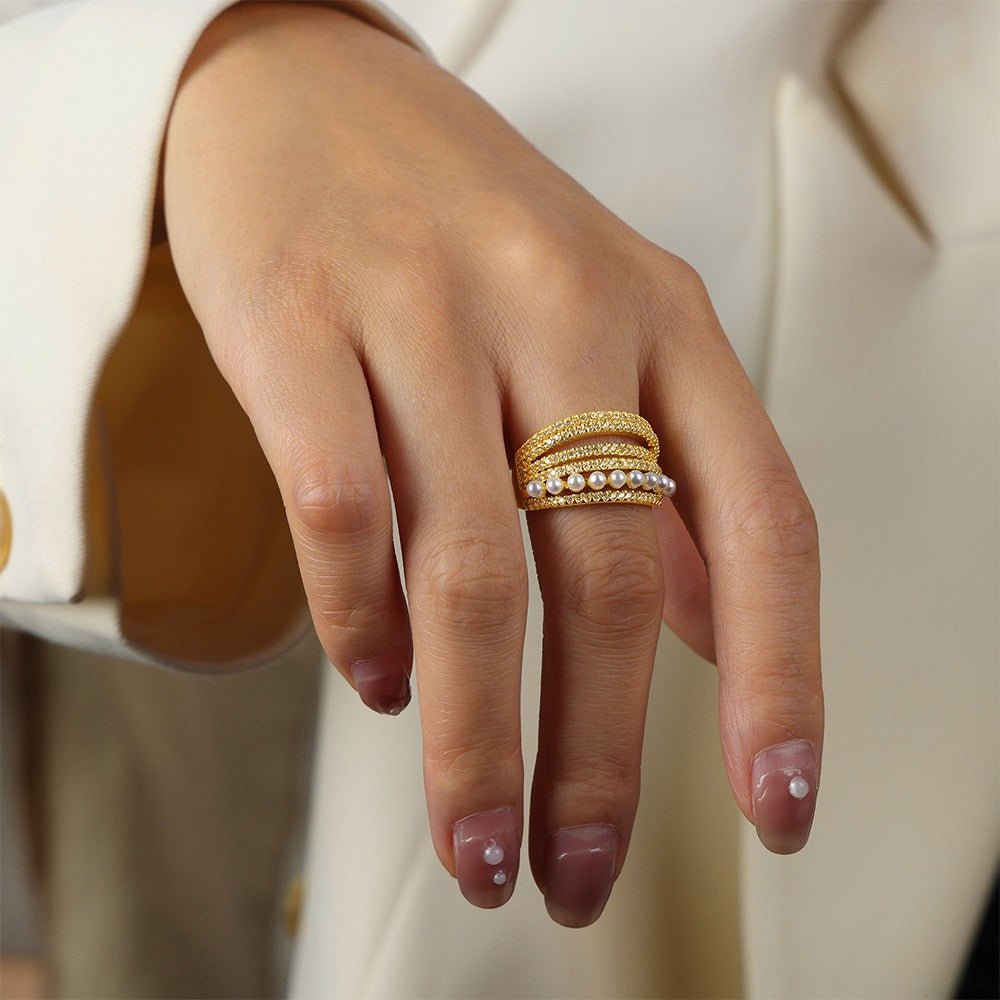 18K gold multi - layered zircon and pearl design open ring - mavazie