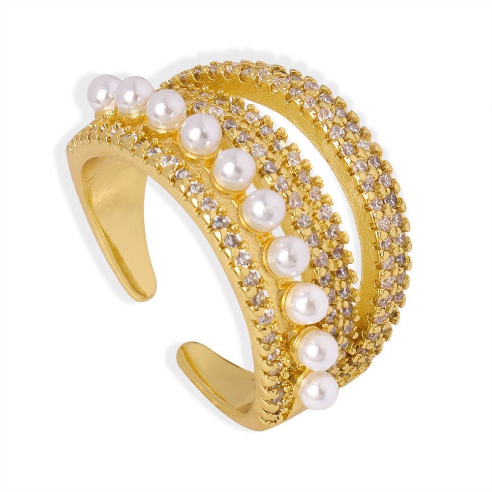 18K gold multi - layered zircon and pearl design open ring - mavazie