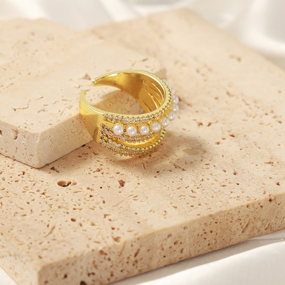 18K gold multi - layered zircon and pearl design open ring - mavazie