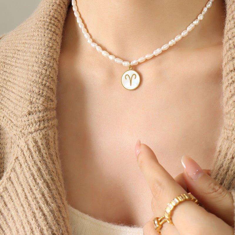 18K gold noble and fashionable pearl strand with round inlaid gemstone - mavazie