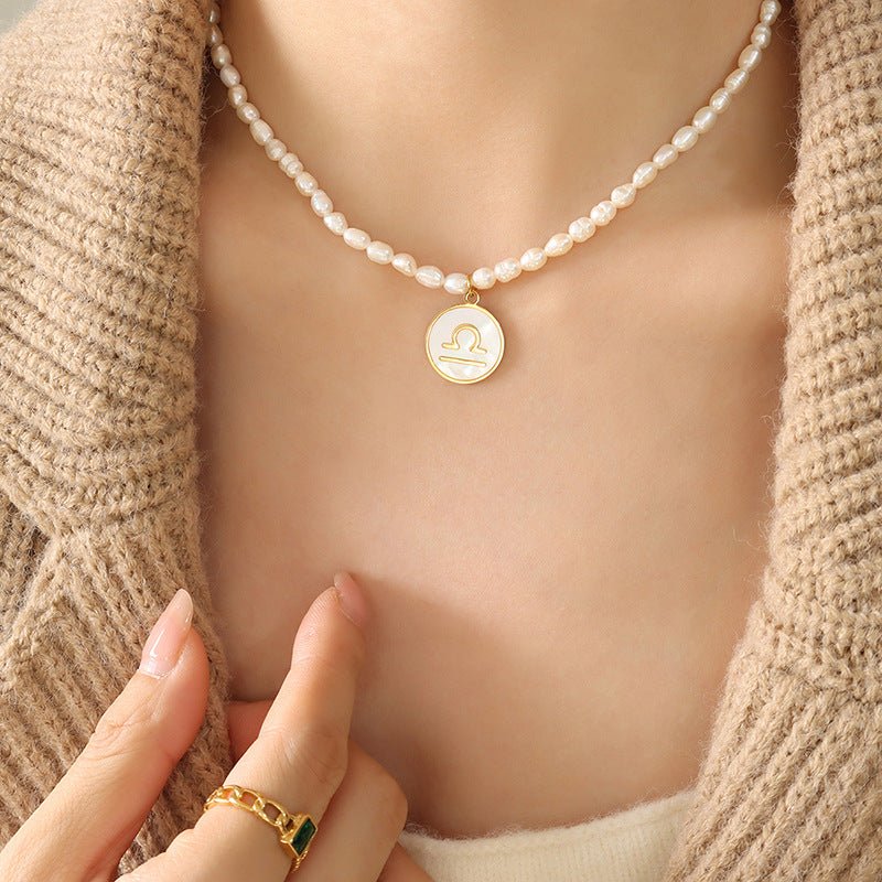 18K gold noble and fashionable pearl strand with round inlaid gemstone - mavazie