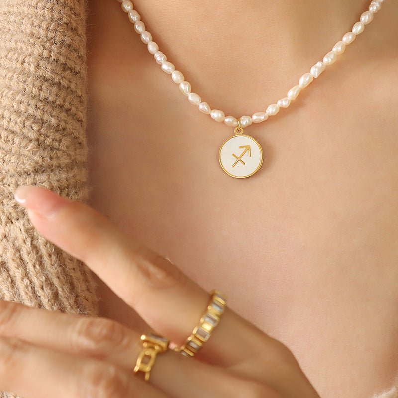 18K gold noble and fashionable pearl strand with round inlaid gemstone - mavazie