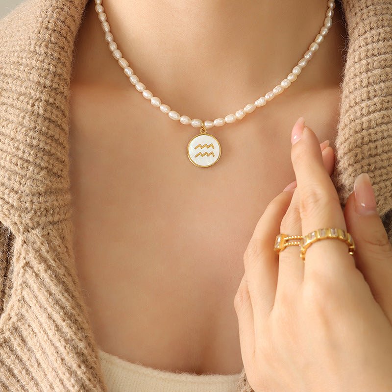 18K gold noble and fashionable pearl strand with round inlaid gemstone - mavazie