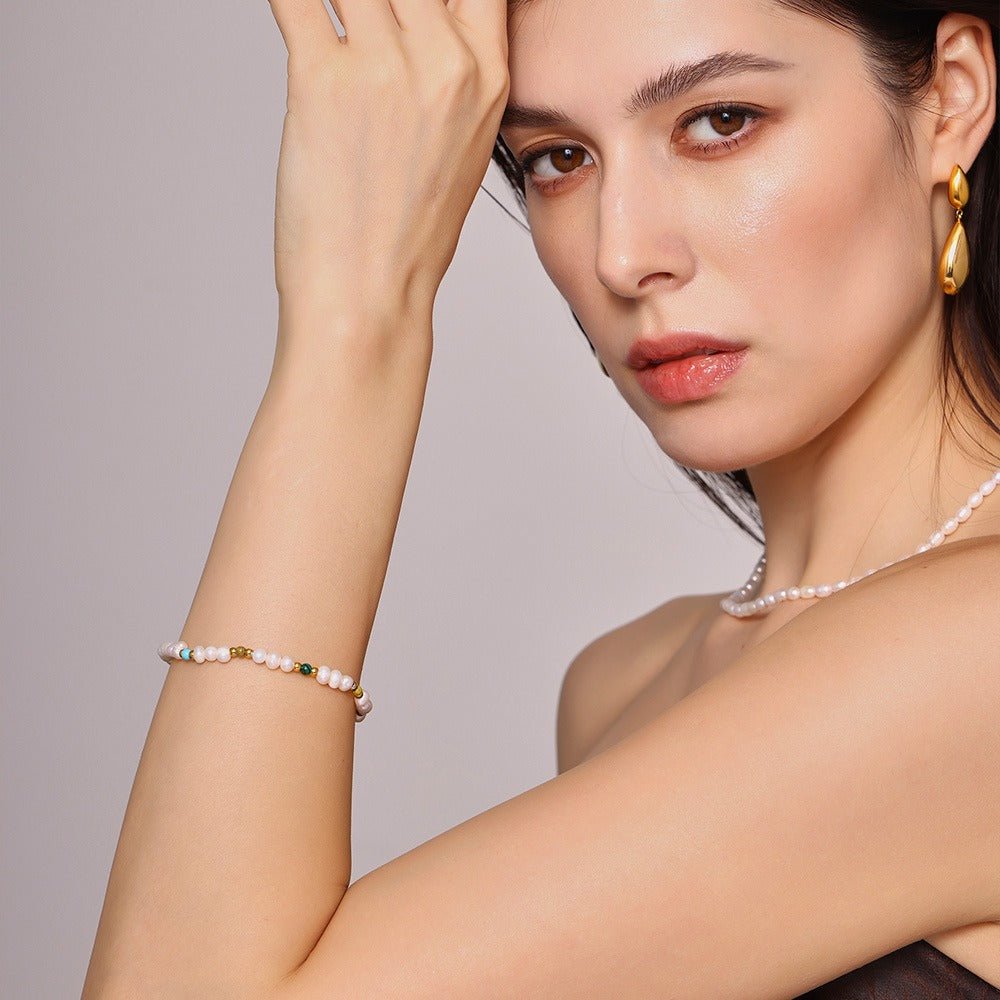 18K gold pearl with round bead design classic fashion bracelet - mavazie