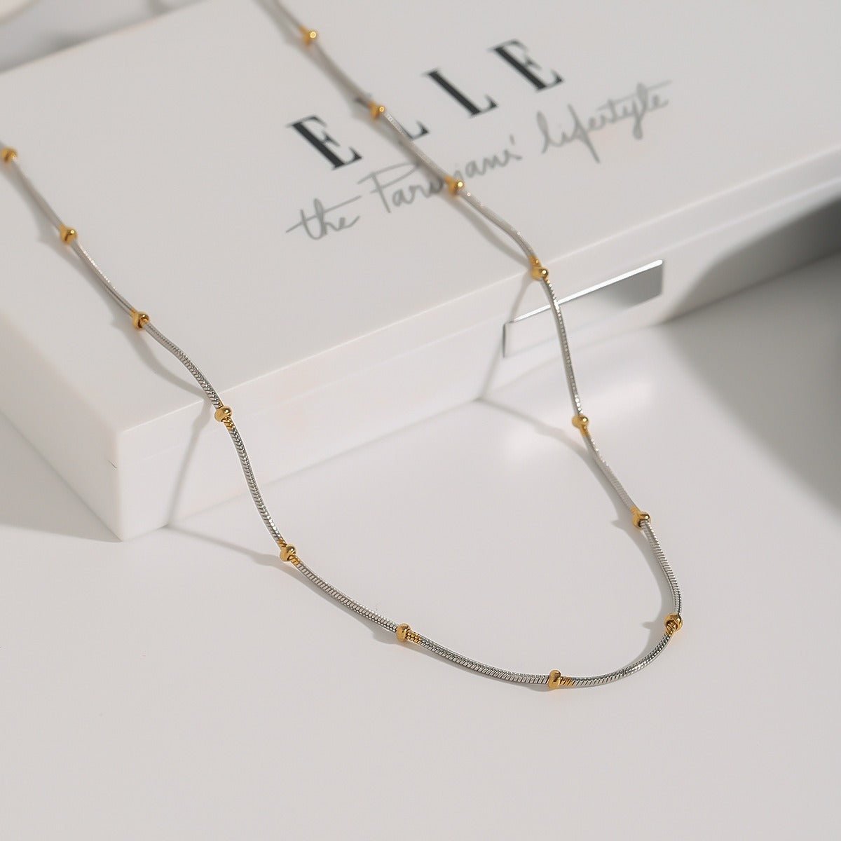 18K gold round beads with gold and silver color matching design personalized fashion necklace - mavazie