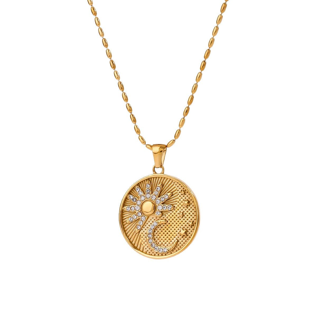 18K gold round necklace with sun and moon pattern and diamond design - mavazie