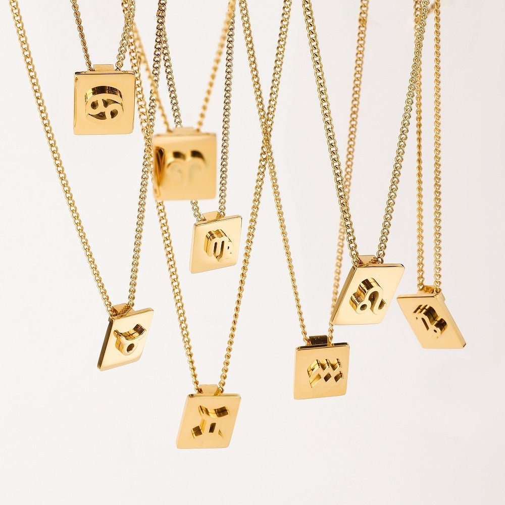 18K gold square necklace with twelve zodiac elements design - mavazie