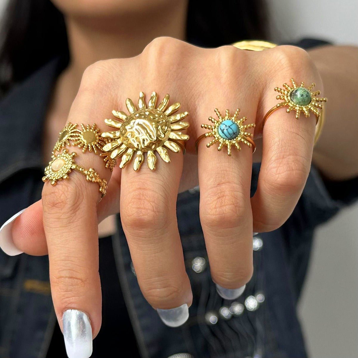 18K Gold Sun - Shaped Gemstone - Inlaid Luxury Ring - mavazie
