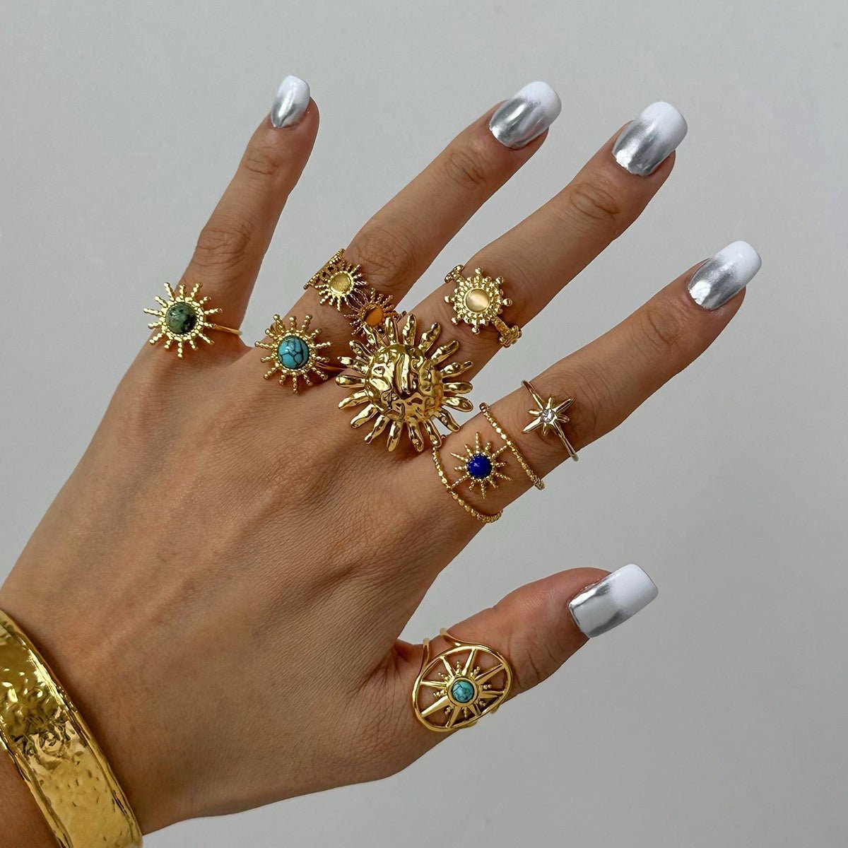 18K Gold Sun - Shaped Gemstone - Inlaid Luxury Ring - mavazie
