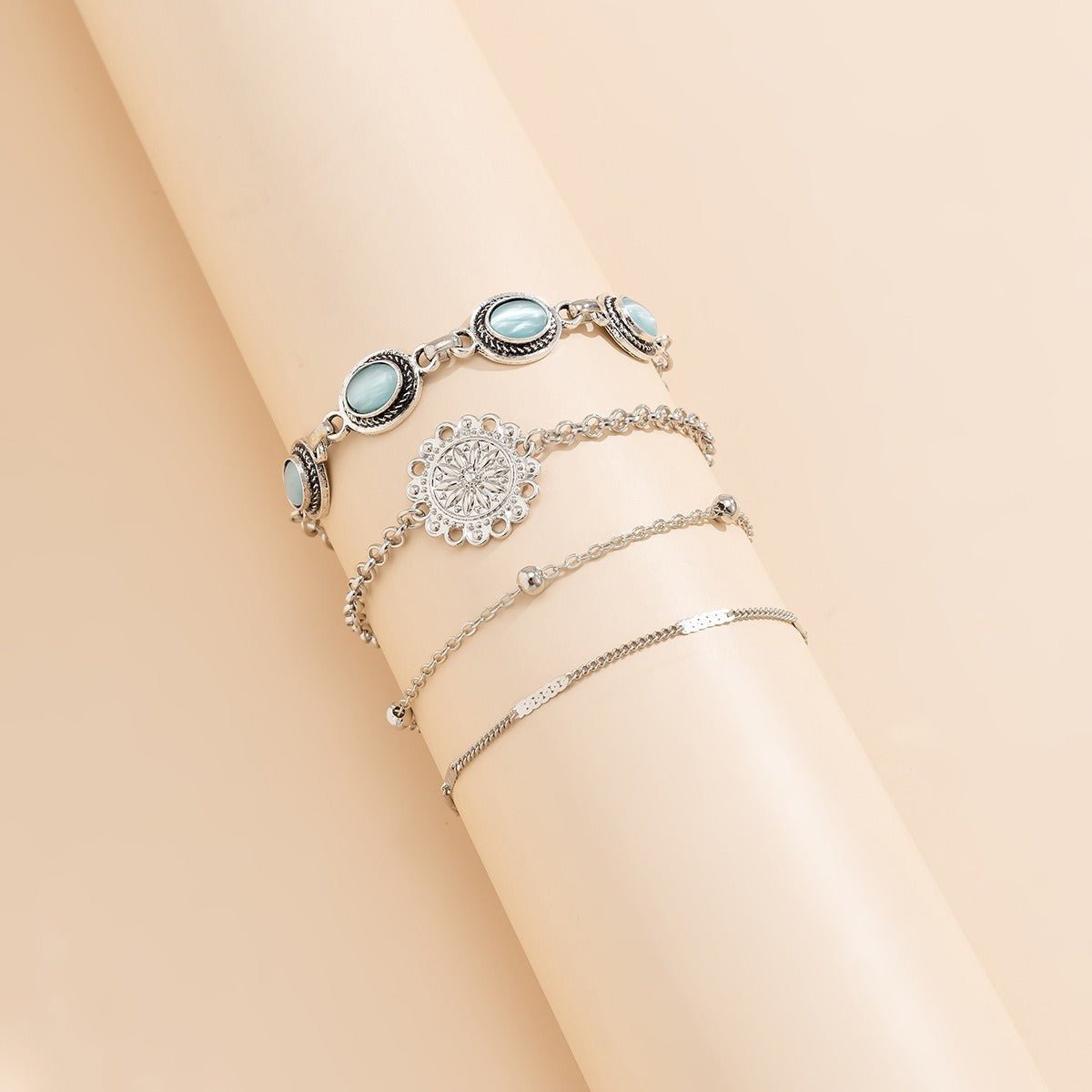 Ethnic style flower disc cat's eye gold retro bracelet - mavazie