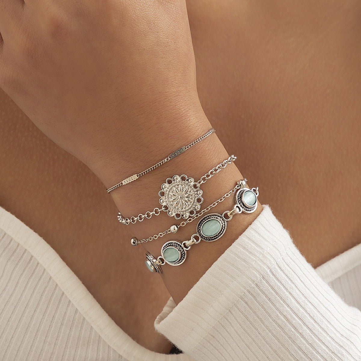 Ethnic style flower disc cat's eye gold retro bracelet - mavazie