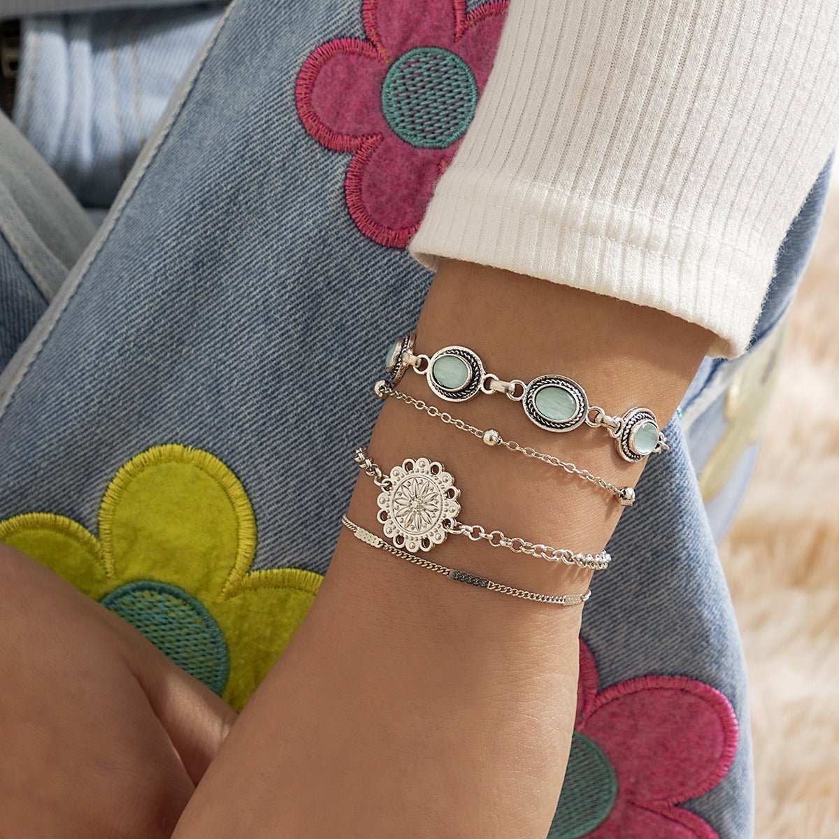 Ethnic style flower disc cat's eye gold retro bracelet - mavazie