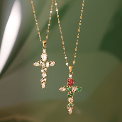 18K Gold Cross Inlaid Gemstone Design Exquisite Fashion Necklace - mavazie