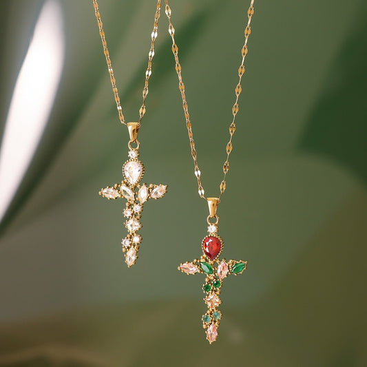 18K Gold Cross Inlaid Gemstone Design Exquisite Fashion Necklace - mavazie