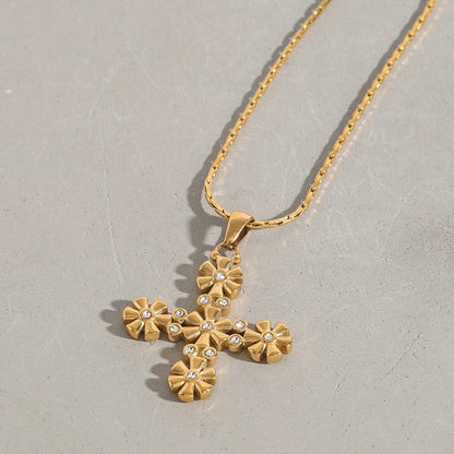 18K gold cross with flower - shaped design exquisite and fashionable necklace - mavazie