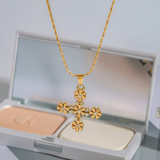 18K gold cross with flower - shaped design exquisite and fashionable necklace - mavazie