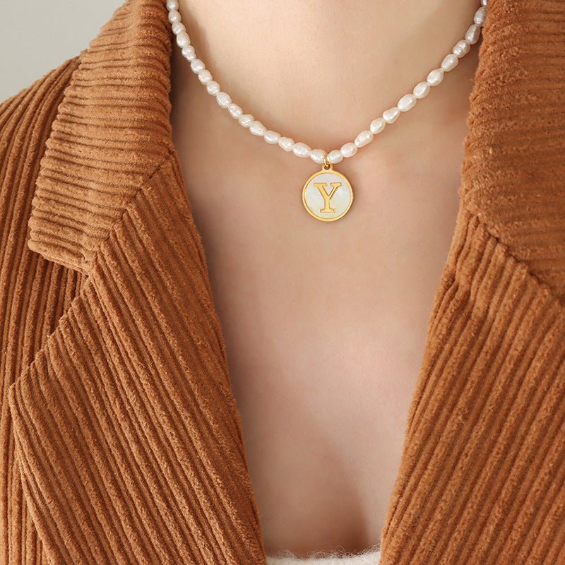 18K gold exquisite and noble pearl chain with round inlaid gemstones - mavazie