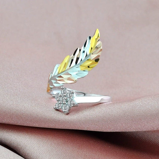 18K gold feather with flower - shaped gemstone design light luxury high - end ring - mavazie