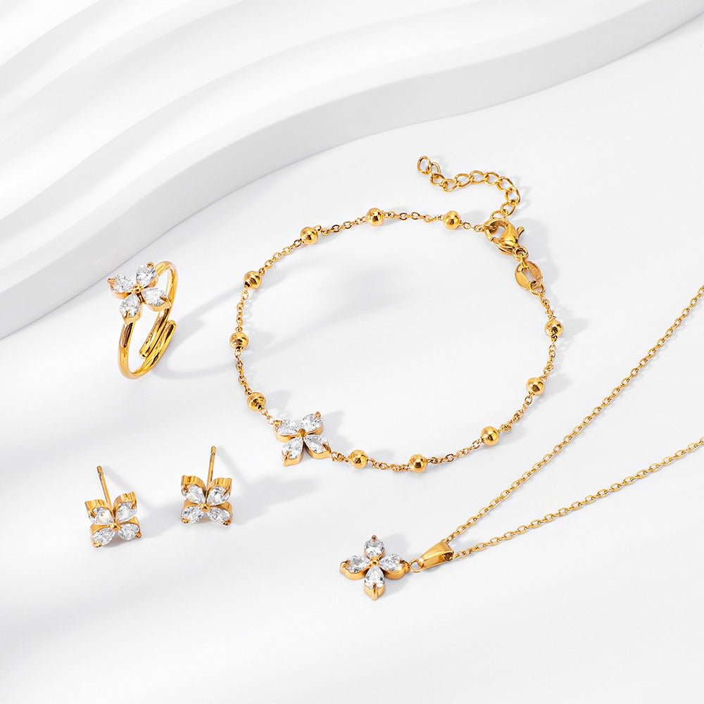 18K gold four - leaf flower inlaid with gemstones, exquisite and dazzling necklace, bracelet, earrings and ring set - mavazie