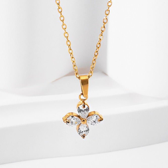 18K gold four - leaf flower inlaid with gemstones, exquisite and dazzling necklace, bracelet, earrings and ring set - mavazie