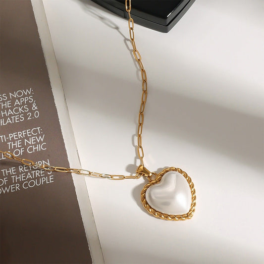 18K gold heart with texture inlaid pearl design exquisite and noble necklace - mavazie