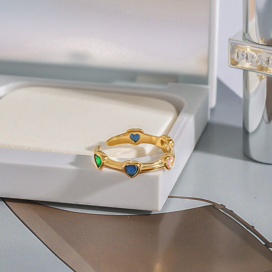 18K gold inlaid heart - shaped gemstone exquisite design open ring - mavazie