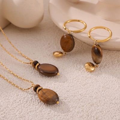 18K gold light luxury noble geometric oval gem design earrings necklace set - mavazie