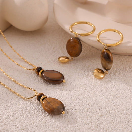 18K gold light luxury noble geometric oval gem design earrings necklace set - mavazie