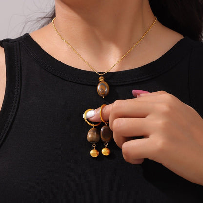 18K gold light luxury noble geometric oval gem design earrings necklace set - mavazie