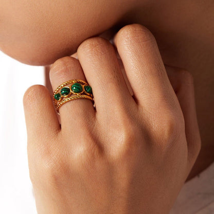 18K gold light luxury noble inlaid round gemstone with hollow design ring - mavazie
