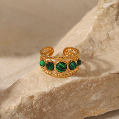 18K gold light luxury noble inlaid round gemstone with hollow design ring - mavazie